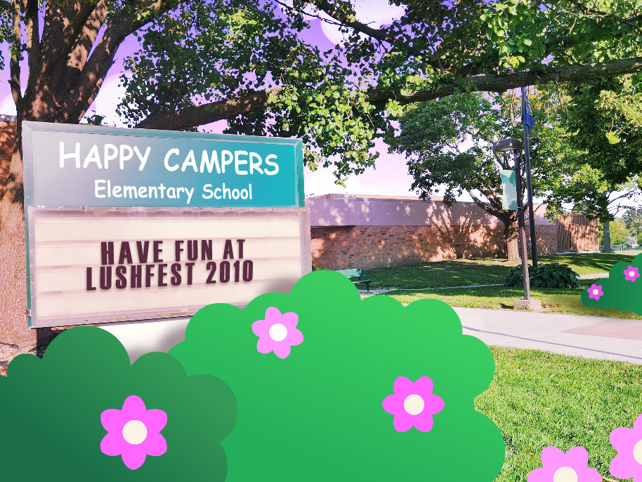 An early work in progress of the outside of Peetledoodle's school, Happy Campers Elementary.