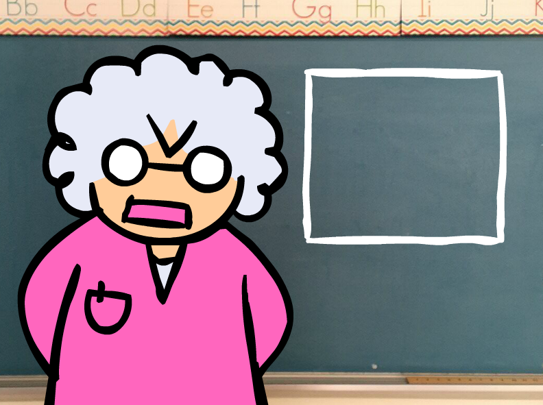 Peetledoodle's teacher, Mrs. Fongus, stood in front of a chalkboard